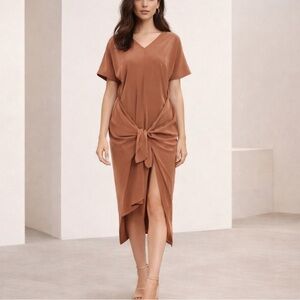 Issa London Lizzie Tie Front Silk-Satin Dress Chocolate Brown 6